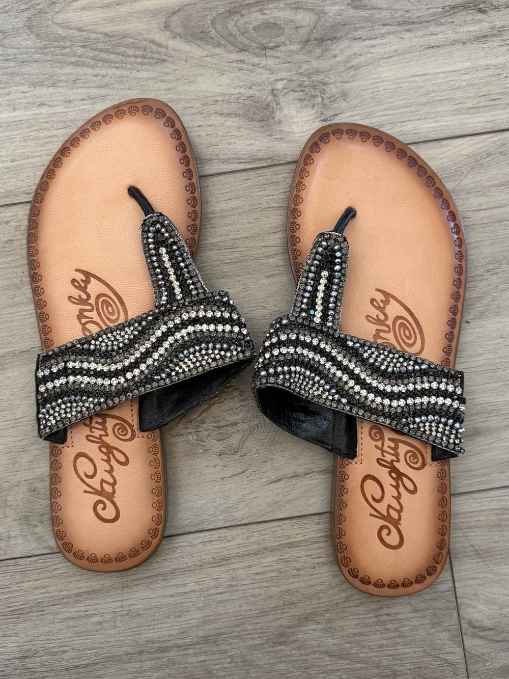 naughty monkey Black and Tan Beaded Thong Sandals for Women